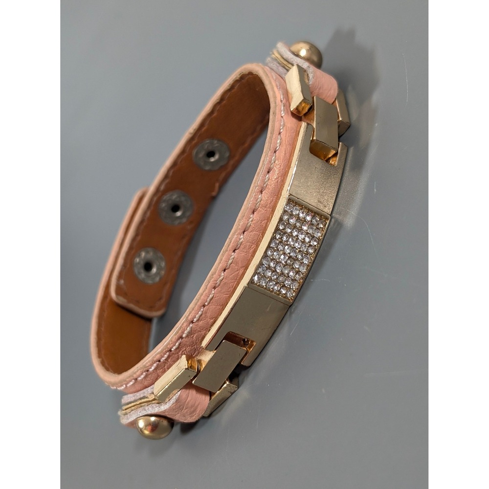 Gold Tone Rhinestone Pave Peach Leather‎ Snap Cuff Bracelet 7.5"